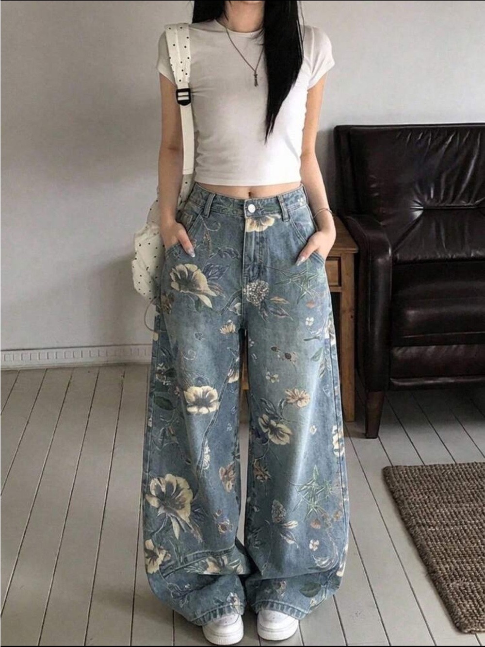 Floral Wide-Leg Jeans in Blue Denim
